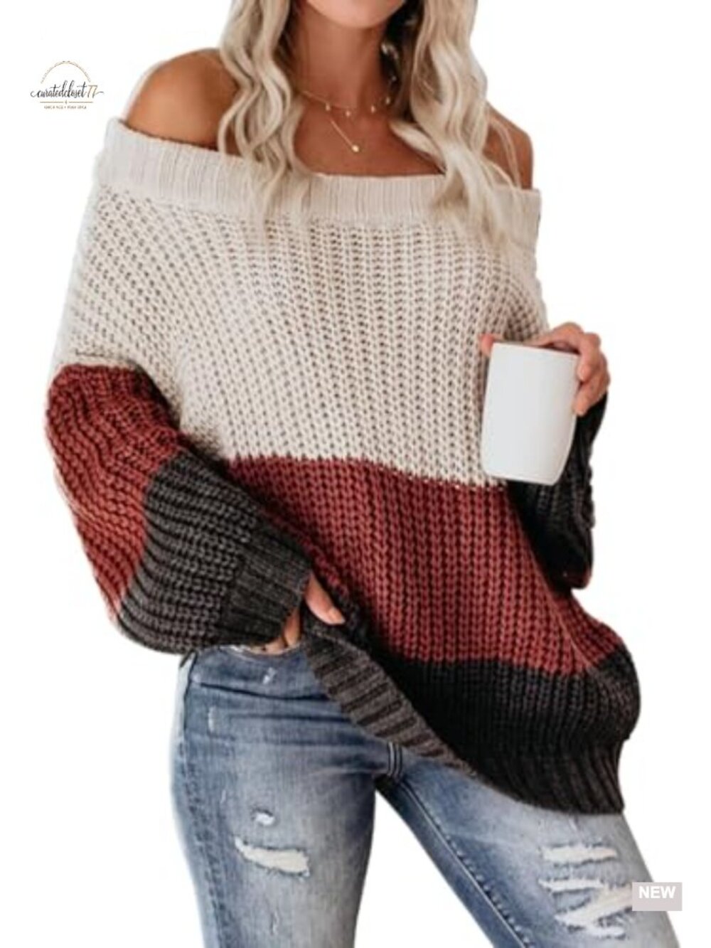Women's Off Shoulder Color Block Sweater Oversized Pullover Chunky Knit